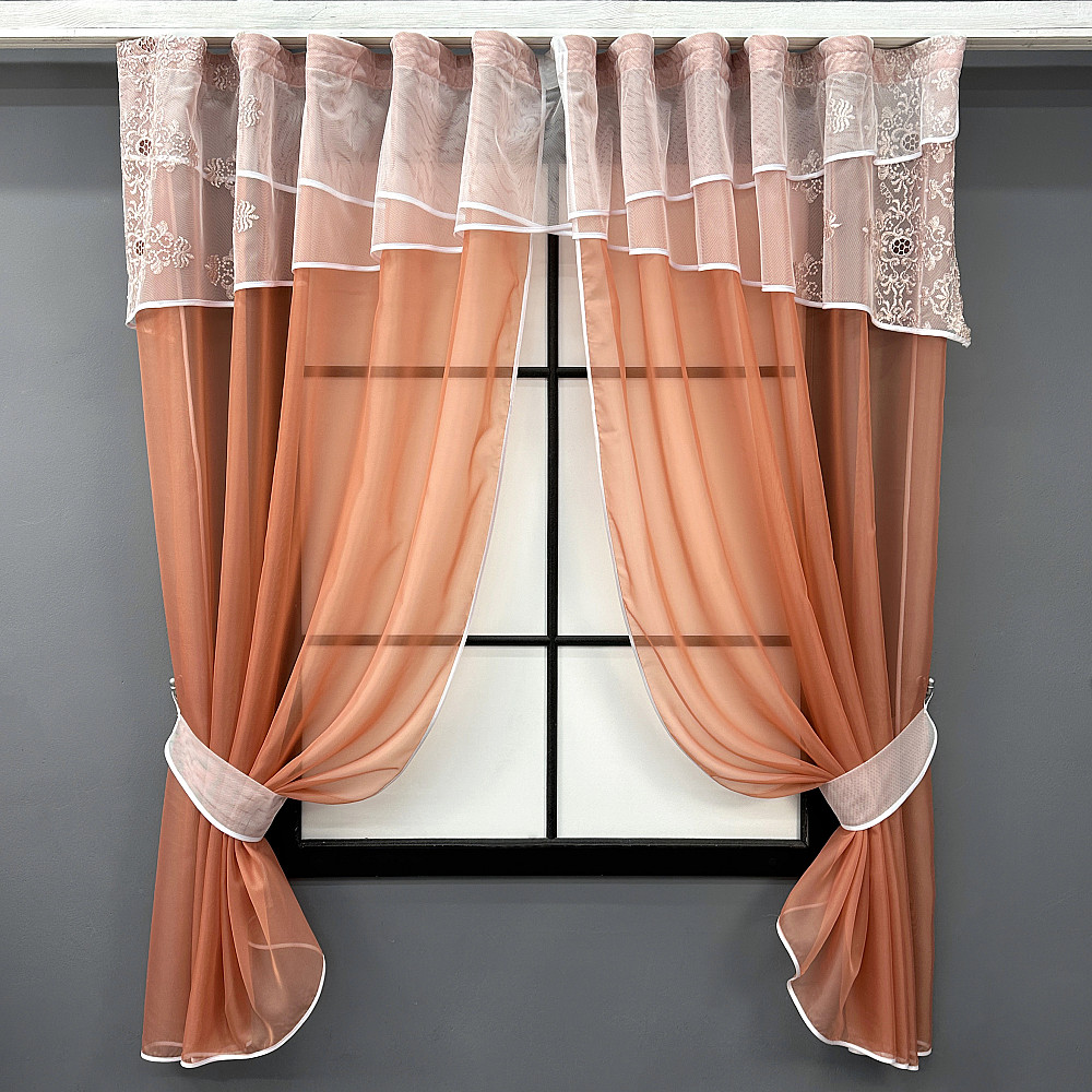Кухонні штори VR-Textil № 091к з ламбрекеном і підв'язками теракотовий з молочним 280х170 см (52-1190) Київ - фото 1