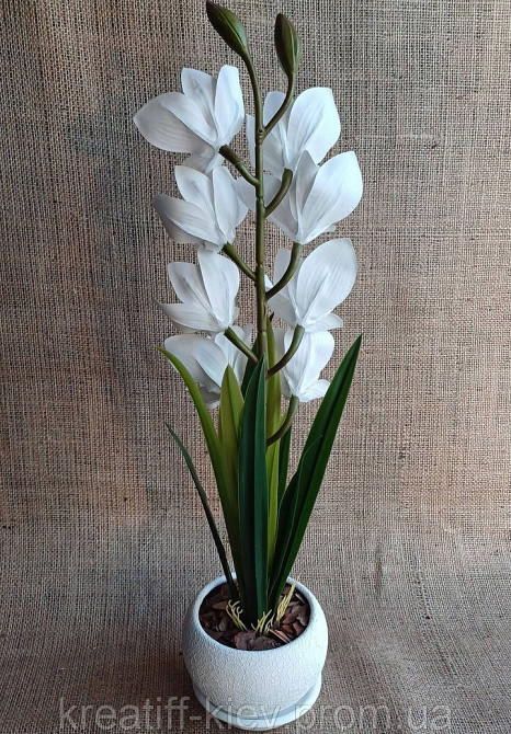 Штучна латексна орхідея цимбідіум у керамічному кашпо біла Дніпро - фото 4