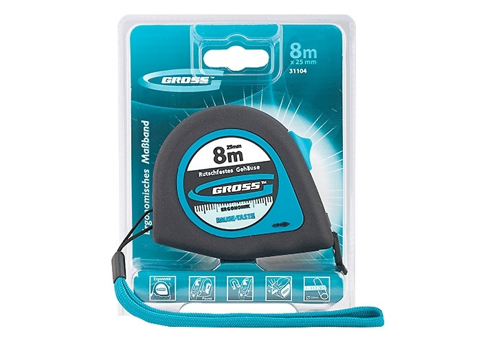 Рулетка "Ergonomisch", 8 м x 25 мм, магнітний прогумований зачіп GROSS Полтава - фото 1
