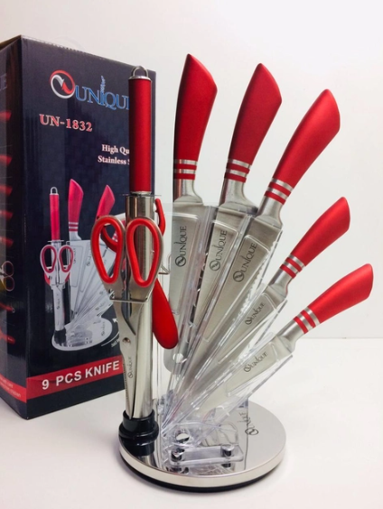 Набор ножей UNIQUE UN-1832 с ножницами и вращающейся подставкой: поварской, хлебный, овощной ножи из нержавеющ Одесса - изображение 1