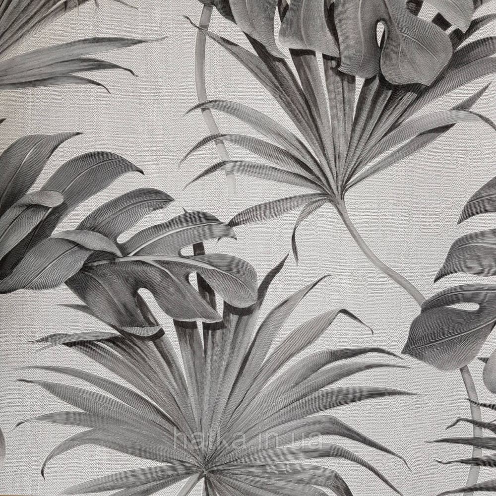Шпалери вінілові на флізелін Marburg New Spirit Schoner Wohnen листя папороті монстери сірі на білому Київ - фото 1