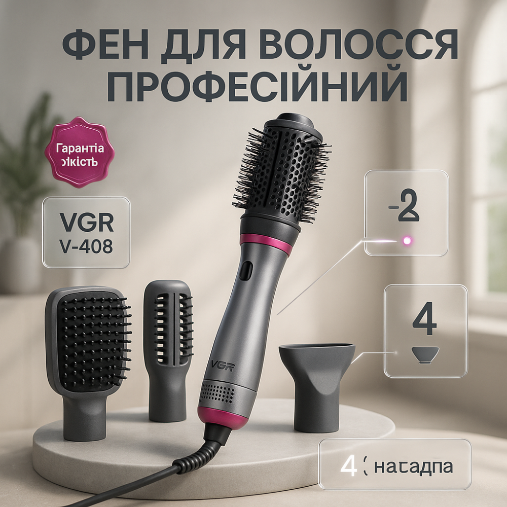Фен з регульованою швидкістю і температурою, Потужний фен для швидкого сушіння, Фен-щітка-гребінець UF-20 Київ - фото 13
