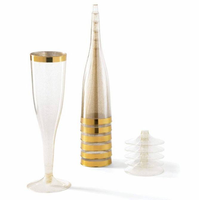 Набор пластиковых бокалов для шампанского 6 шт премиум класса 192 мл, для торжеств и праздников, золотистые с блестками Каменец-Подольский - изображение 2
