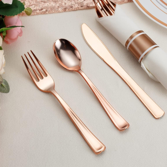 Набір пластикових столових приборів 18 шт якісних (ножі, виделки, ложки).Багаторазовий посуд, рожеве золото Кам'янець-Подільський