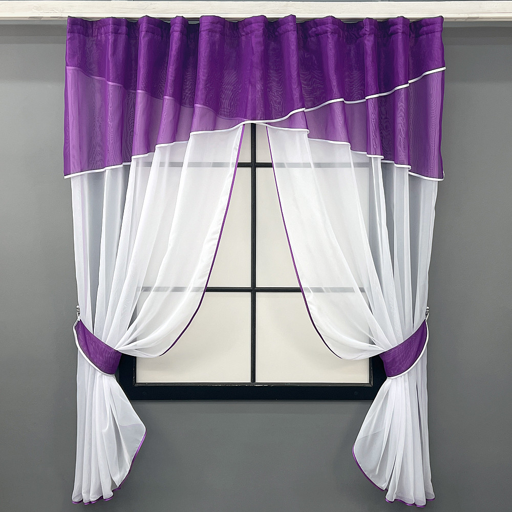Кухонні штори VR-Textil № 091к з ламбрекеном і підв'язками фіолетовий з білим 280х170 см (50-269) Київ - фото 6