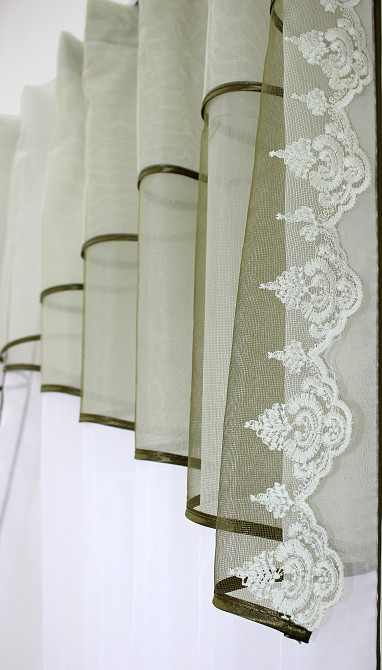 Кухонные шторы VR-Textil № 091к с ламбрекеном и подвязками оливковый с белым 280х170 см (59-710) Киев - изображение 4
