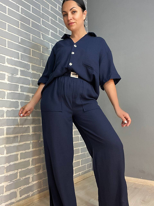 Костюм жіночий Mix Ray 4157 сорочка оверсайз брюки з розрізами по боках рівні від стегна темно синій, темно-синій, M Київ - фото 2