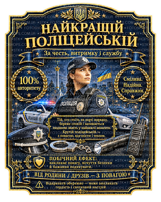 Етикетка на пляшку для поліцейської “Найкращій поліцейській” | подарункова етикетка та контретикетка на віскі, коньяк, вино Одеса - фото 1