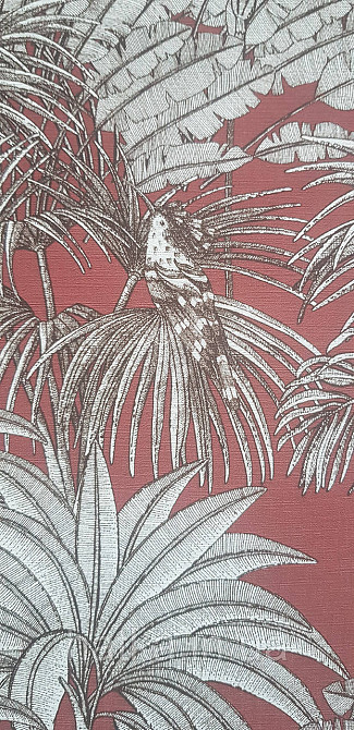 Шпалери вінілові на флізеліні Rasch Clasik 0,53х10 птиці папуги тваринні пальми листя сіре на бордовому Київ - фото 3