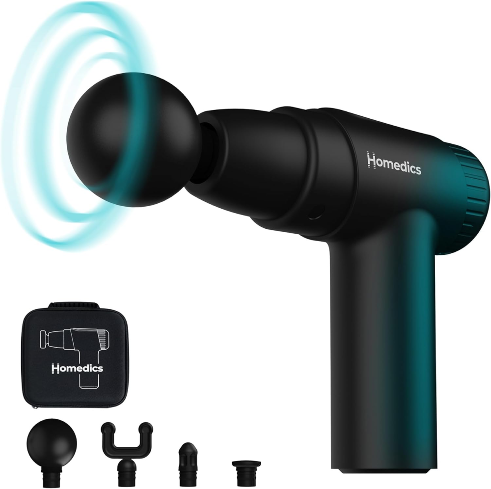 Міні-масажний пістолет HoMedics NOVO Black ручний перкусійний вібромасажер із підігрівом, 4 насадки, 6 швидкостей Київ - фото 2