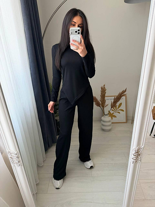 Жіночий стильний повсякденний костюм-двійка турцький рубчик Чорний, 46/48 Одеса - фото 1