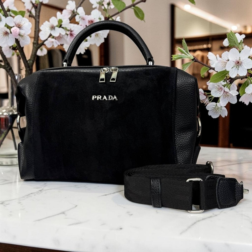 Жіноча замшева сумка стиль Прада, сумочка класична натуральна замша Prada чорна ( 186 ) Харьков - изображение 1