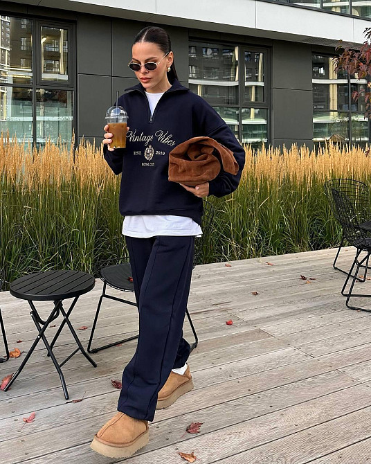 Жіночий теплий прогулянковий костюм-двійка: кофта та штани турецька тринитка на флісі Темно-синій, 46/48 Одеса - фото 7