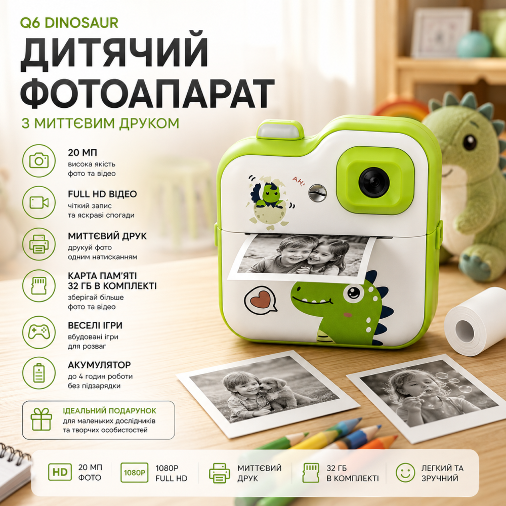 Цифровой детский фотоаппарат Q6 Dinosaur с мгновенной печатью, Full HD, 20 МП, карта памяти 32 Гб, зеленый Киев - изображение 8