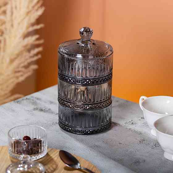 Yiwu Цукерниця трирівнева скляна з кришкою Ø 10 см Сіра HP-YH-76 Київ