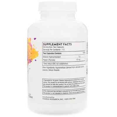 Витаминно-минеральный комплекс Thorne Research Бетаин HCL и Пепсин, Betaine HCL & Pepsin, 225 капсул (THR-41502) Винница