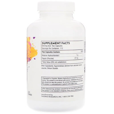 Витаминно-минеральный комплекс Thorne Research Бетаин HCL и Пепсин, Betaine HCL & Pepsin, 225 капсул (THR-41502) Винница - изображение 2