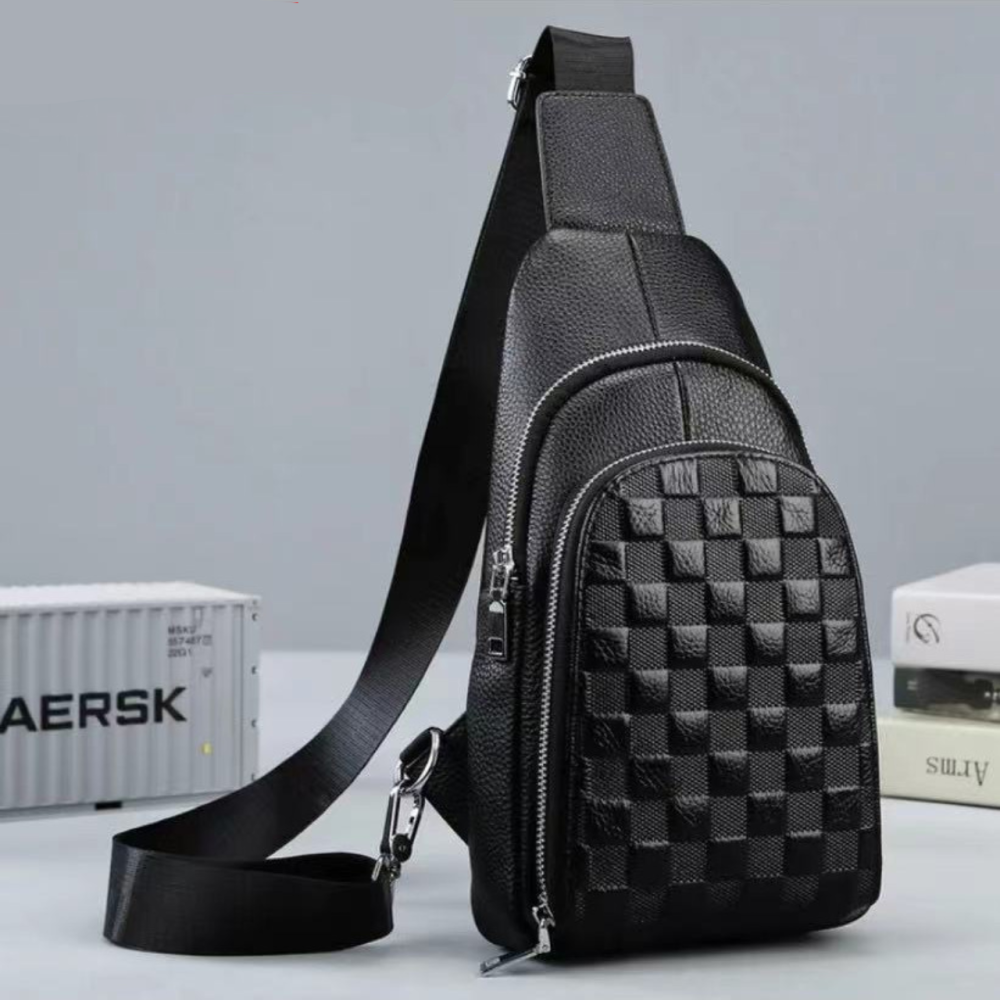 Брендова чоловіча нагрудна сумка рюкзак-слінг із натуральної шкіри молодіжна шкіряна чорна сумочка на плече Tiding Bag Київ - фото 8