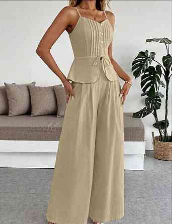 Женский летний брючный костюм двойка: топ и брюки лён Беж, 46/48 Одесса