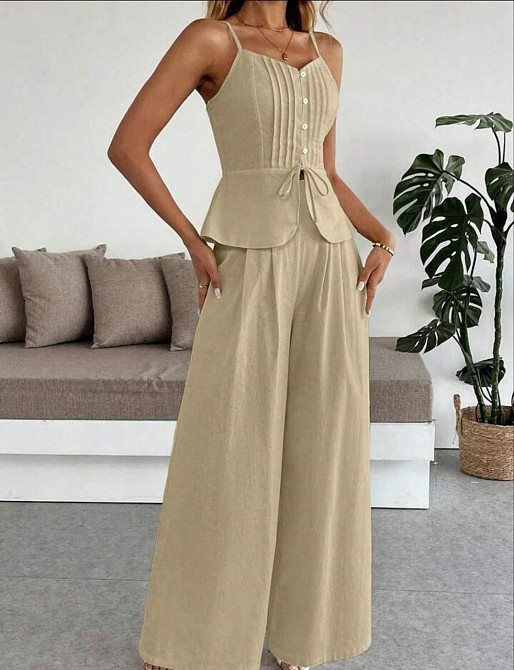 Женский летний брючный костюм двойка: топ и брюки лён Беж, 46/48 Одесса - изображение 3