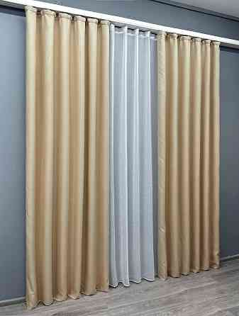 Комплект штор VR-Textil Лен Мешковина 200х270 2шт и Тюль 500х270 1162ш-115т Бежевый с белым 71-018/6 Киев