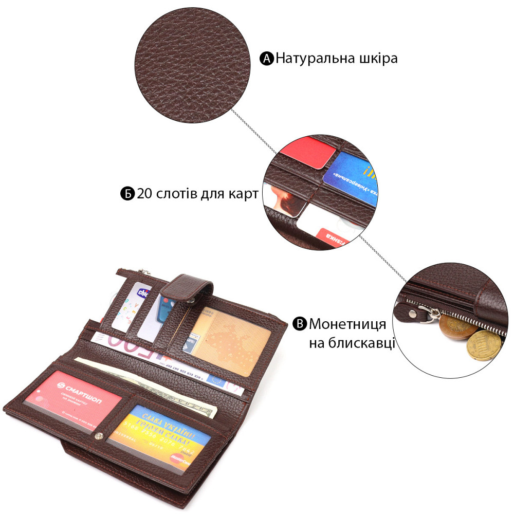Стильний вертикальний жіночий гаманець з натуральної шкіри Коричневий (CANPELLINI) Київ - фото 8