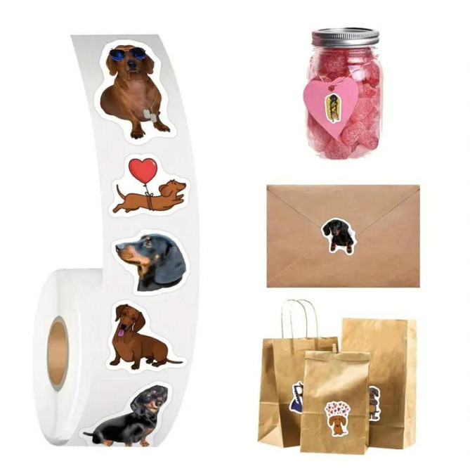 Набір із 500 наклейок із таксами — кольорові стікери 2.5×2.5 см | Стікер-етикетки для пакування Київ - фото 3