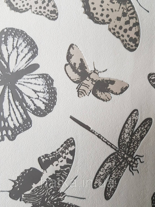 Обои виниловые на флизелине Marburg 82128 Felicita бабочки стрекозы серые бежевые белые на молочном фоне Киев - изображение 3