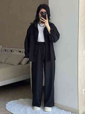 Жіночий базовий брючний костюм-двійка: сорочка та штани в смужку турецький тіар Чорний, 42/46 Одеса