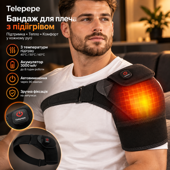 Бандаж для плеча з підігрівом Telepepe, акумуляторний 3000 мАг, 3 температури, автовимкнення, чорний Київ