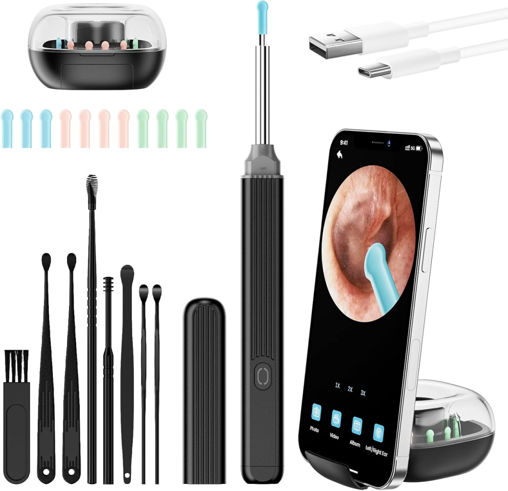 Отоскоп с камерой PKBD 1920P HD, 6 LED, Wi-Fi, Bluetooth 5.0, IP67, очиститель ушей для взрослых и детей, чёрный Киев - изображение 2