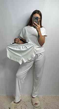 Піжама-комплект (футболка + шорти + штани) з плюш-велюру Молочний XL Харків