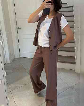 Жіночий легкий брючний костюм-трійка: жилет футболка та штани турецький натуральний льон + софт Моко, 46/48 Одеса