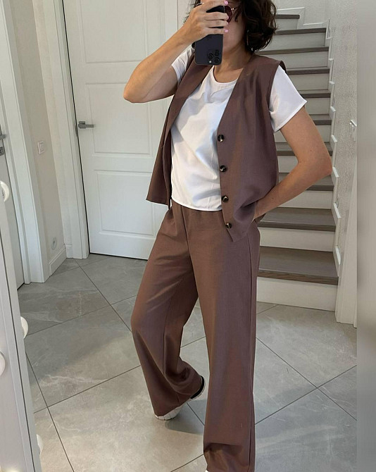 Жіночий легкий брючний костюм-трійка: жилет футболка та штани турецький натуральний льон + софт Моко, 46/48 Одеса - фото 5