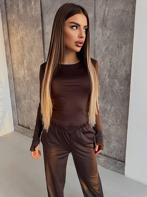Женский базовый повседневный костюм двойка из микродайвинга Шоколад Одесса - изображение 3