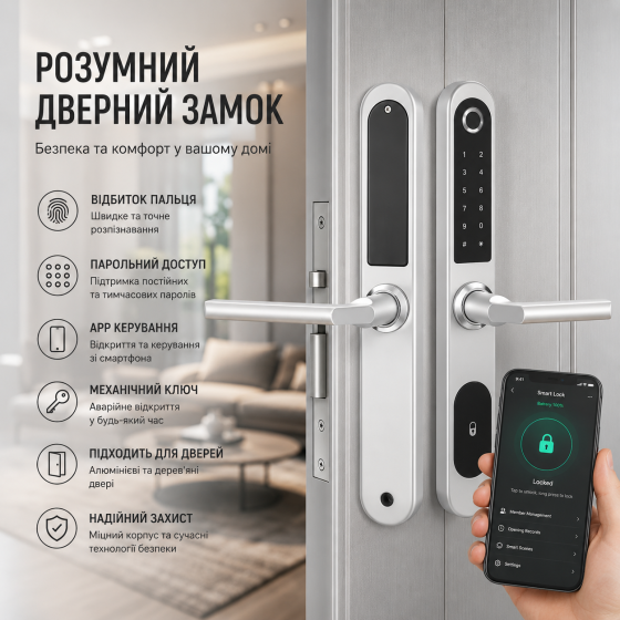 Розумний дверний замок з відбитком пальця WeiChuangJia, APP керування, пароль, ключ, для алюмінієвих та дерев'яних дверей, срібний Київ