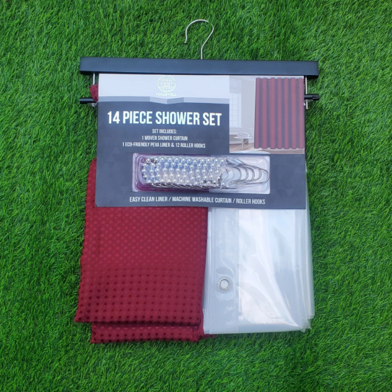 Набор шторка для ванной и душа с подкладкой, двойная 178x183 см,штора для ванной с крючками,узор бордовый Каменец-Подольский