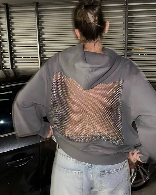 Женский стильный оверсайз худи с блестящей сеткой на спине трехнить на флисе + сетка Графит Одесса - изображение 1