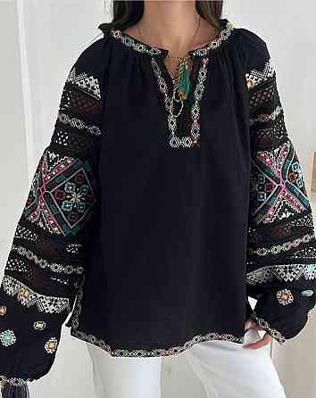 Женская современная вышиванка с разноцветной вышивкой 80% хлопок, 20% полиэстер. Черный, 50 Одесса