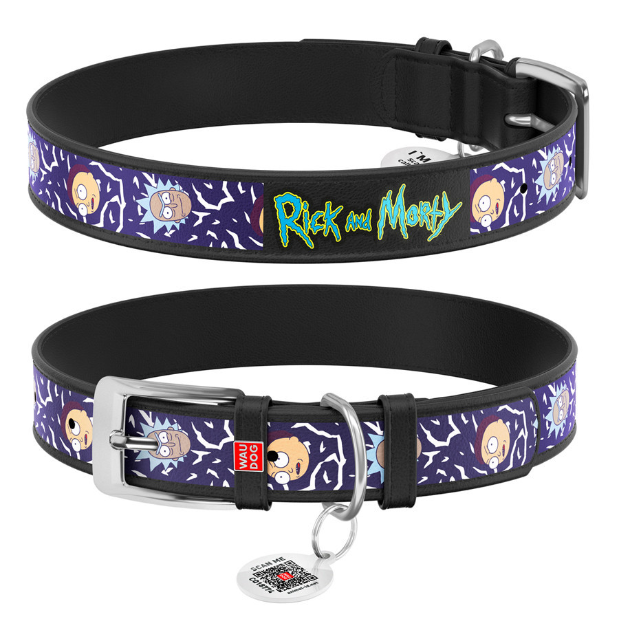 Нашийник для собак шкіряний WAUDOG Design з QR-паспортом, малюнок "Рік і Морті 2", XXS, Ш 12 мм, Д 18-24 см, Вінниця - фото 1