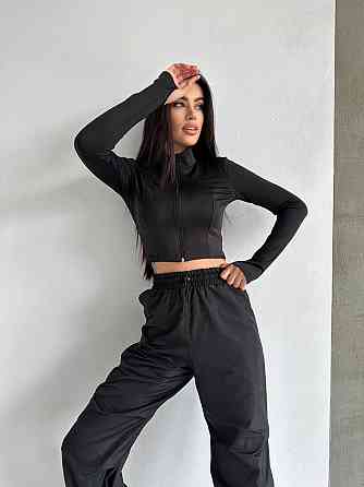 Женский прогулочный костюм двойка: кофта и штаны микродайвинг + плащевка Черный, 46/48 Одесса
