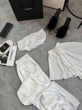 Женская пижама тройка: топ шорты и брюки из шелка армани Молочный, 44/46 Одесса