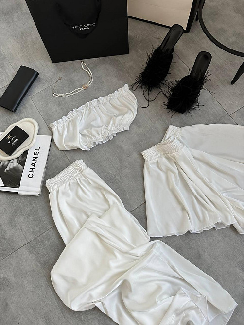 Женская пижама тройка: топ шорты и брюки из шелка армани Молочный, 44/46 Одесса - изображение 4