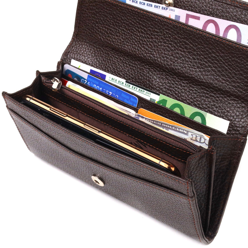 Жіночий стильний гаманець із натуральної зернистої шкіри Коричневий (CANPELLINI) Київ - фото 10