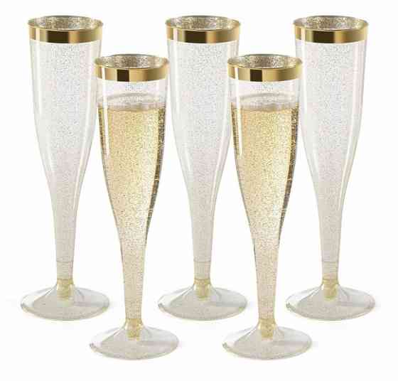 Набір пластикових келихів для шампанського 6 шт преміум класу 192 мл, для урочистостей і свят, золотисті з блискітками Кам'янець-Подільський