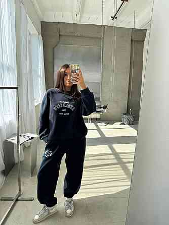 Жіночий теплий костюм у спортивному стилі з накатом тринитка на флісі Темно-синій, 46/48 Одеса