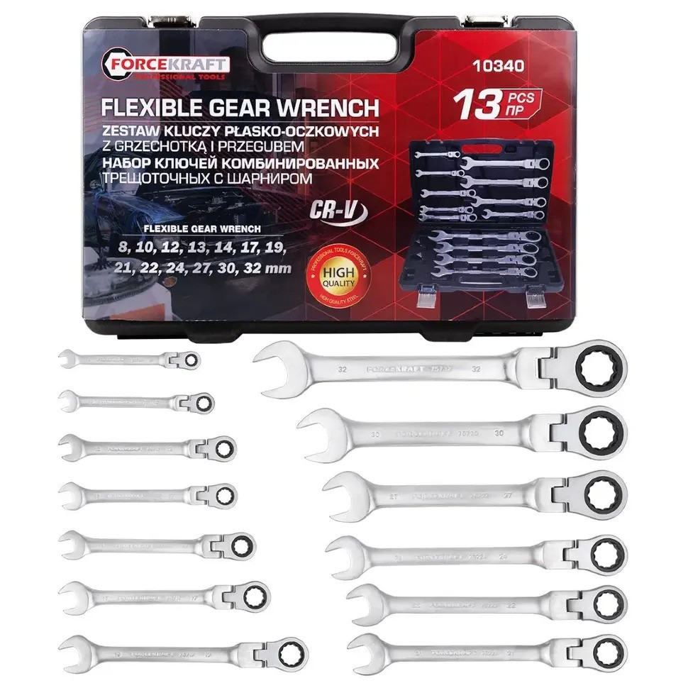 Набір ключів тріскачкових із шарніром 13 пр. (8-32 мм) FORCEKRAFT FK-10340 Одеса - фото 4