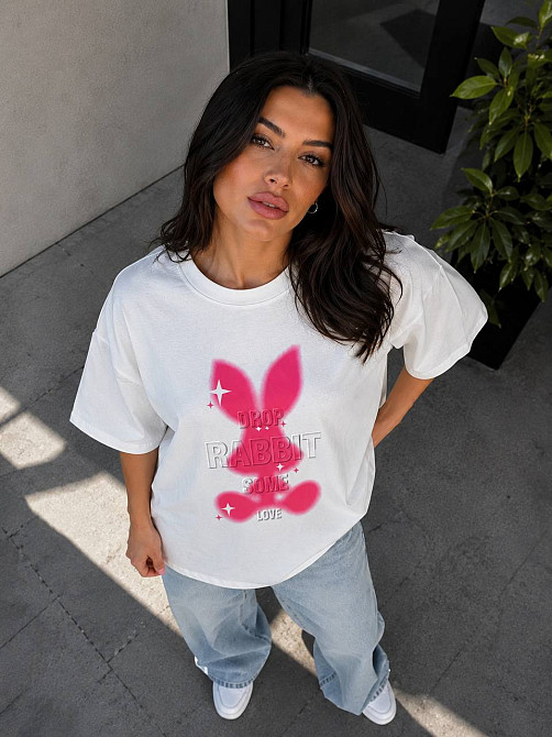 Футболка женская YIGOU 17 RABBIT oversize удлиненная с принтом кролик one size, белый, one size Киев - изображение 17