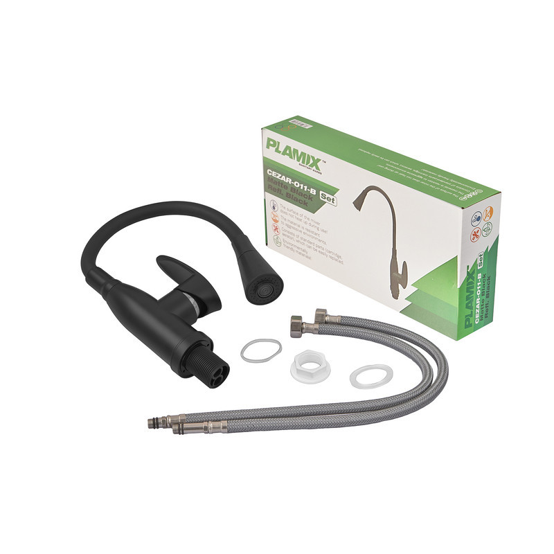 Смеситель для кухни PLAMIX CEZAR-011-B SET MATTE BLACK REFL.BLACK с силиконовым изливом, с подводом (PM0719) Киев - изображение 2