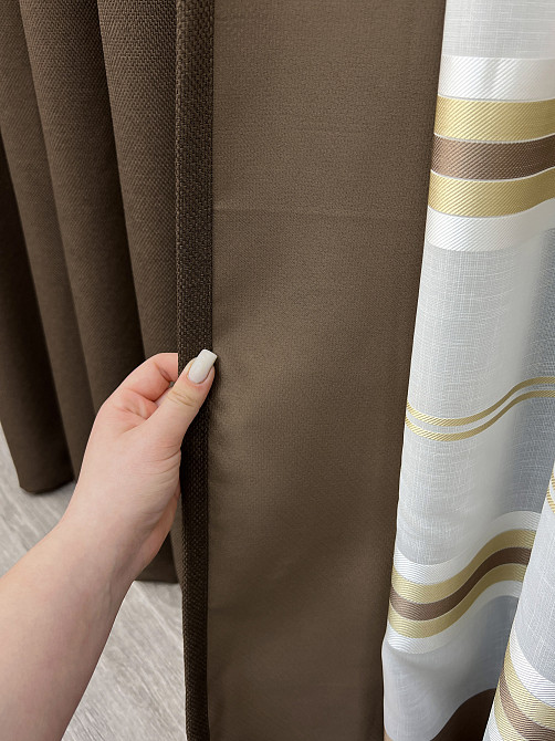 Комплект штор VR-Textil Льон Мішковина 100х270 2шт і Тюль 300х270 277ш-1579т Коричневий з молочним 71-159/1 Київ - фото 5